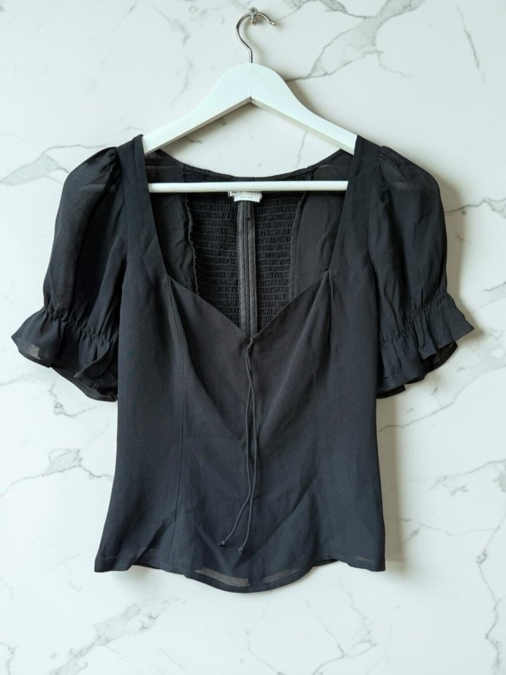 Reformation Women’s Size 2 Black Puff Sleeve Smocked Back Tie Front Blouse Top